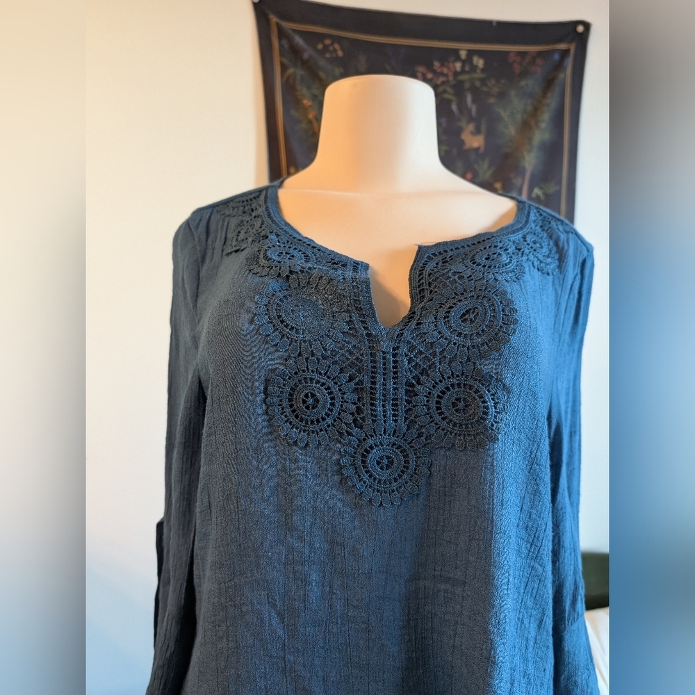 Blue Crochet Peasant Tunic Top Long‎ Sleeve Boho Bohemian Blouse